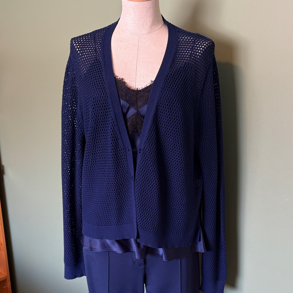 Navy Open-Weave V-Neck Cardigan - Women